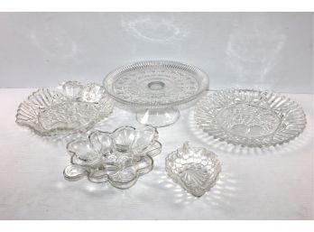 Glass 11 In Cake Pedestal And Four Glass Serving Pieces-a Few Chips
