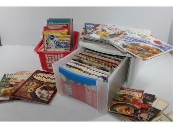 Basket And Storage Drawer Plumb Full Of Small Cookbooks With Lots Of Brand Names, Few Magazines