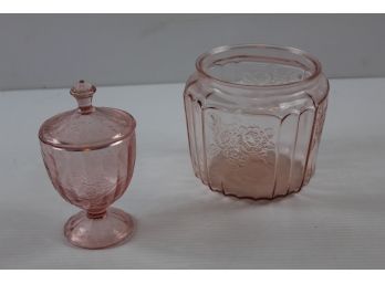 2 Pink Glass Jars One With Lid-floral Patterns