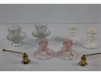 Two Sets Of Candlesticks-clear Glass Are Party Lite, Pink Uranium Glass, 2 Brass Snuffer's