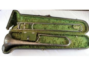Antique Trombone In Case, Few Dents, Floral Etchings With Mouthpiece, 100 Yrs Old, Dings And Repairs