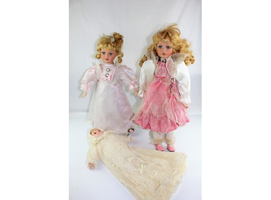 3 Bisque Dolls, Heads, Hands And Legs, Cloth Body
