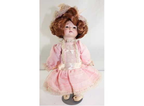 All Bisque,  1924 Germany,  Jointed Elbows, Shoulders, Knees, Hips And Neck With Pink Dress On Stand
