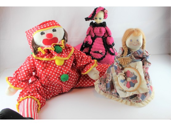3 Hand Made Dolls - Large Clown Is Draft Stopper - Pink Croched Dress Lady With Plastic Head And Hands