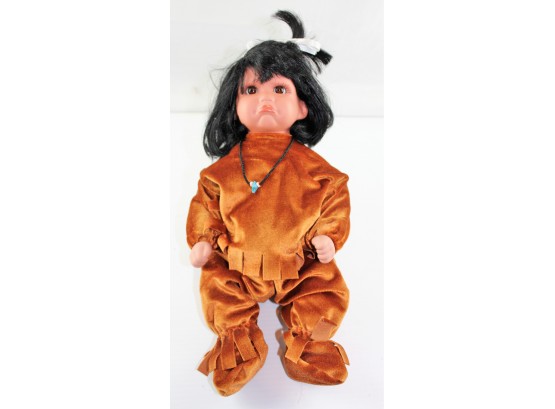 15' Native American Doll With Pouty Face. Bisque Head And Hands, Soft Body. Left Arm, Thread Snapped