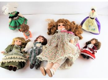 7 Dolls-3 Bisque Dolls With Soft Bodies, 8' Boy And Girl And  15' Girl.  SMall Plastic Boy, Irish Girl And