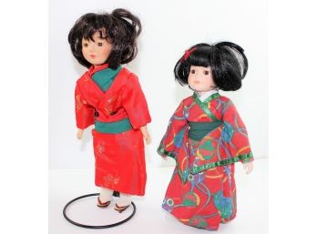 2 Japanese Dolls In Traditional Dresses  11.5' & 9.5'