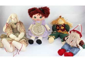 Set Of 4 Cloth Dolls, Cloth Bunny, Red Headed Doll Sweetie Mine, Angel & Santa Claus Ganz