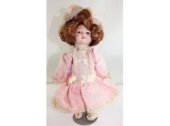 All Bisque,  1924 Germany,  Jointed Elbows, Shoulders, Knees, Hips And Neck With Pink Dress On Stand