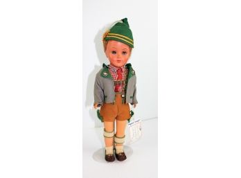 Early Plastic German Boy In Lederhosen 1960's, Feathered Hat, Jacket, Tie