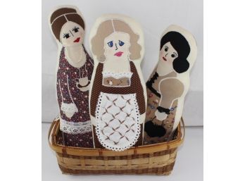 Trio Of Handmade Dolls Embroider Faced Tea Dolls In Basket  14'