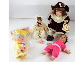 5 Misc Dolls - Burgundy Dress, Bisque With Soft Body, Winds Up And Moves - Bear With Bisque Head And Hands
