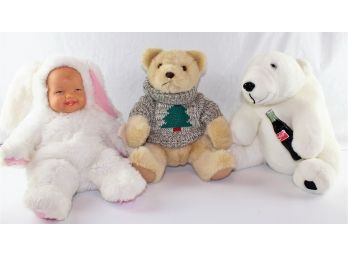 3 Items  1 Baby In Rabbit Outfit 14', Coca Cola Bear, Trevor Teddy Bear 14'