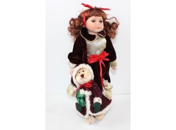 Porcelain Doll With Burgundy Dress And Teddy Bear 15'