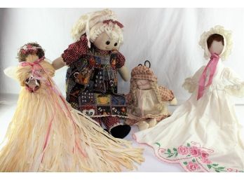 4 Dolls, 3 Rag Dolls, 1 Raffi Doll, Handmade & Hand Embroidered On One.  Calico Dress 21.5', Peasant Dress 14'