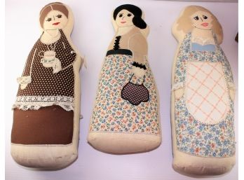 3 Handmade Embroider-faced Tea Dolls In Basket, Someone To Have Tea With. 17' To 19'