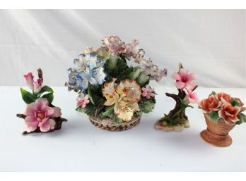 1 Lg Capodimonte Made In Italy, 3 Small Bisque Flower Arrangements