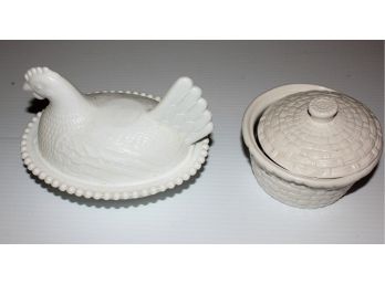 2 Milk Glass Dishes With Lids, Vintage Milk Glass Sitting Chicken On Nest And Basket With Lid