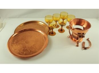 2 Copper Platters, Six Amber Glasses, Copper Warmer, Miscellaneous Pieces