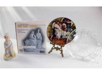7' Porcelain Figurine Holy Family, 2 Christmas Plates, Stands Not Included