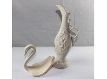 2 White Ceramic Pieces - 15' Pitcher And Swan Napkin Holder