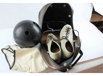 Bowling Ball In Bag With Pair Of Men's Bowling Shoes (possibly Sz 9)