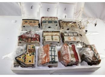 10 Porcelain Hand Painted Miniature Houses Complete With Lights, Complete Set
