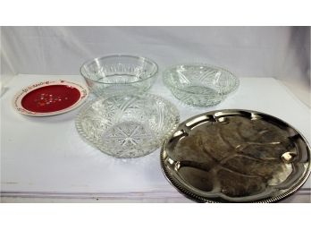 3 Glass Dishes, Hallmark Holiday Plate, Stainless Steel Serving