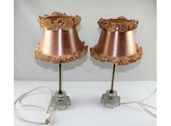 2 Vintage Side Table Lamps, Pink Shades And Glass Body, Great Shape