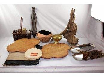 Various Rustic Decorating Items, 2 Stainless Trays, 1 Praying Guy