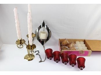 6 Red Votive Cups With Candles, 4 Champaign Colored Votive Cups/w Hanging Candle Holders, Brass Candle Holder