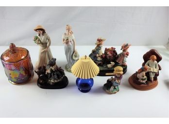 Porcelain Figurines, Carnival Glass Dish With Lid