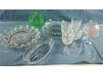 Glass Misc.  Egg Tray, Serving Dishes, 4 Goblets, Candle Holder, Green Princess House (chipped Lid)