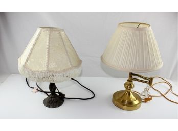 2 Small Lamps - 1 Brass Colored About 14', 1 Cast Metal With Fringed Shade