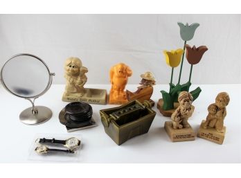 Misc Figurines, Wooden Flowers, Pencil Holder, Misc Coasters, 2 Watches Still In Box, Magnifying Mirror