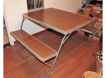 Fold Up Metal Trim Picnic Table, 42 Inch By 30 Inch, Table Plus Two Benches