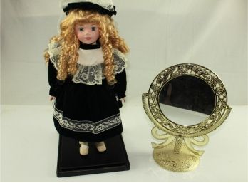 Porcelain Doll, Soft Body With Box And Stand, Plastic Mirror Magnifying