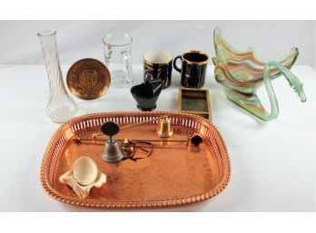 Copper Tray, Miscellaneous Mugs, Glass Swan