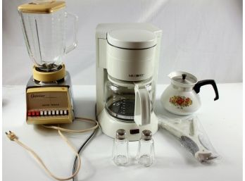 Mr. Coffee 10-cup Coffee Maker, Osterizer Blender, Corning Coffee Pot, Salt And Pepper Shakers, Jar Opener