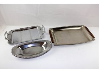 3 Serving Trays, 1 Stainless, 2 Silvered Colored