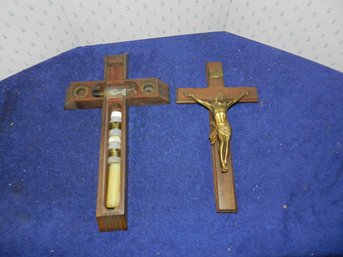VINTAGE WOODEN CRUCIFIX LAST RITES BAPTISM KIT CANDLES HOLY WATER CONTAINERS