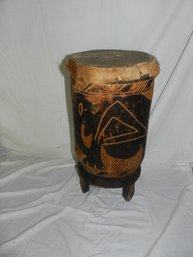 HAND CARVED WOODEN DRUM WITH ANIMAL HIDE HEAD