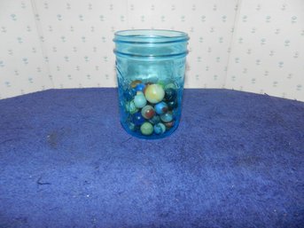 MASON JAR OF VINTAGE MARBLES  ONE SHOOTER