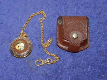 FRANKLIN MINT AMERICAN EAGLE POCKET WATCH WITH LEATHER CASE