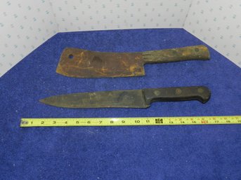 ANTIQUE BUTCHER KNIFE AND MEAT CLEAVER WOODEN HANDLES