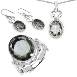 27.00 Carat Genuine Green Amethyst .925 Sterling Silver Ring, Pendant And Earrings Set