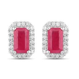 0.75 Carat Genuine Ruby And White Diamond 14K White Gold Earrings