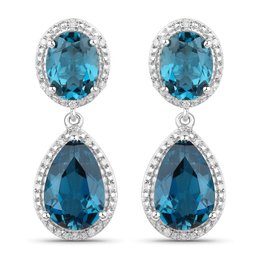 11.45 Carat Genuine London Blue Topaz And White Diamond .925 Sterling Silver Earrings