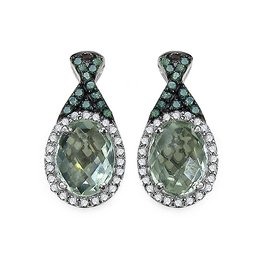 2.55 Carat Genuine Green Amethyst, Green Diamond & White Diamond .925 Sterling Silver Earrings