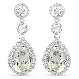 7.24 Carat Genuine Green Amethyst And White Topaz .925 Sterling Silver Earrings